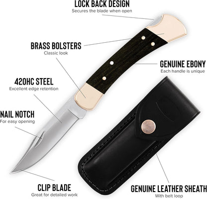 🔥Last Day Sale 49% OFF🔥Buck 110 Folding Hunter Lock-back Knife, Brass Bolsters, Ebony Handles, 3-3/4" 420HC Blade with Leather Sheath