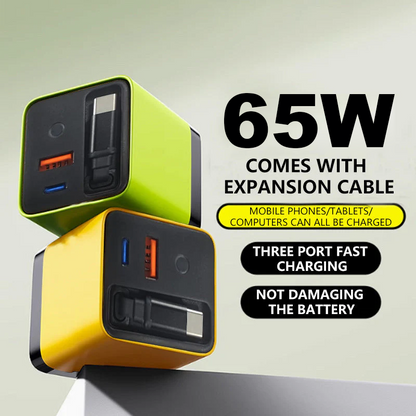 ⚡ 50% OFF – 65W Fast Charger with Built-In 80cm Retractable USB-C Cable – 3-Port Wall Adapter