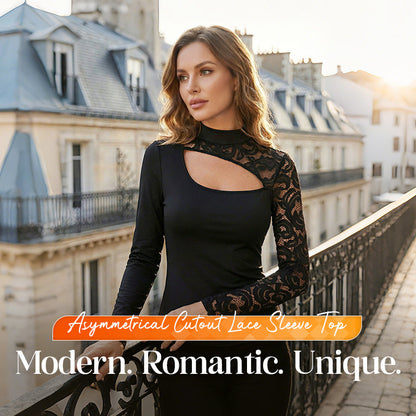 🖤 50% OFF – Women’s Asymmetrical Cutout Lace Sleeve Top | One-Shoulder Long-Sleeve Evening Top