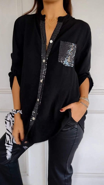 🔥2025 HOT SALE🌸Cotton V-neck Sequin Mid-sleeve Casual Top