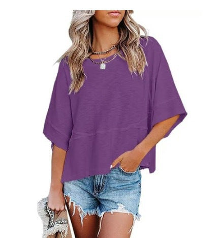 ⏳LAST DAY SALE ONLY ￡9.99!!🔥🌸Women's Solid Color Splicing Loose Five Points Flare Sleeve T-Shirt
