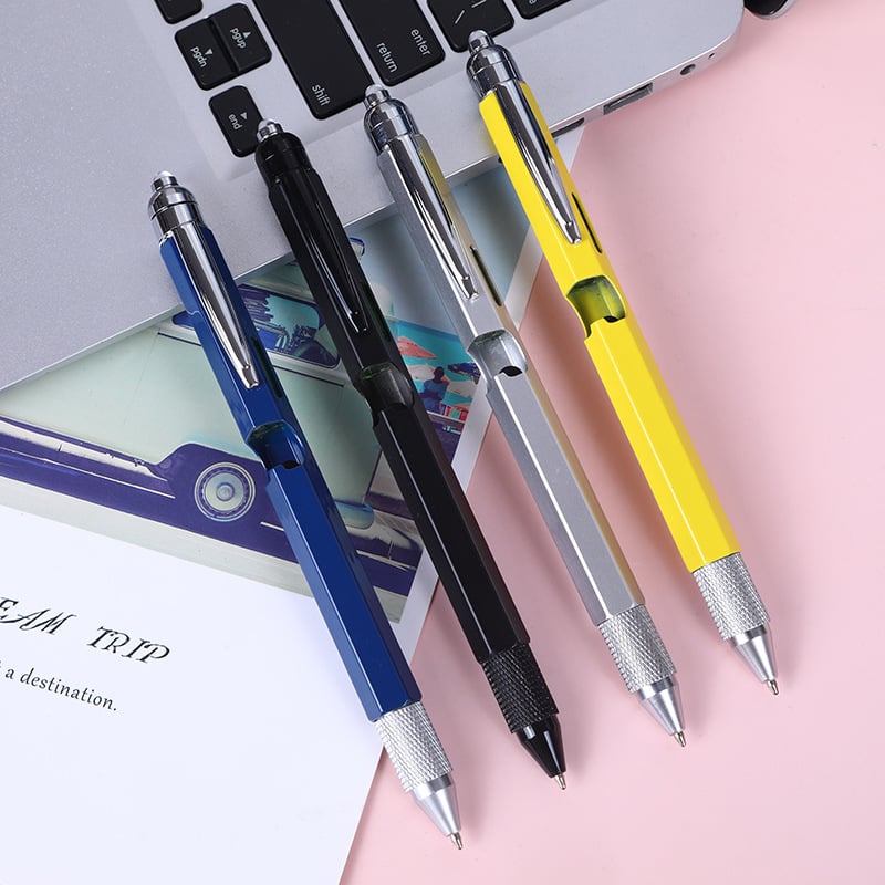 9-in-1 multitool pens in blue black silver and yellow