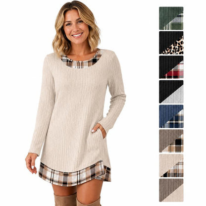 🍂 50% OFF – Women's Plaid Patchwork Knit Dress | Relaxed Long-Sleeve Autumn & Winter Midi Dress charm-cart