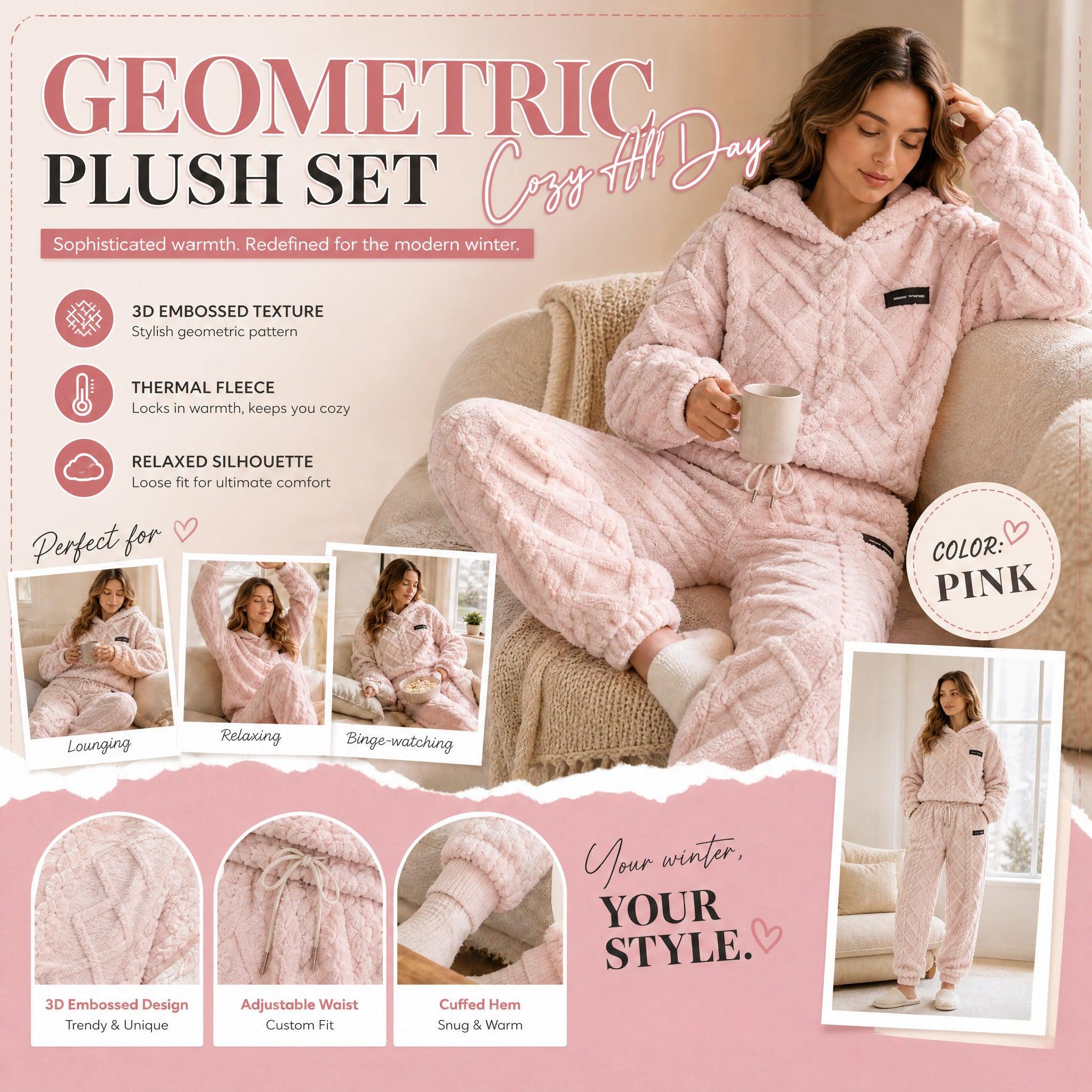 Women's embossed geometric plush two-piece lounge set in pink