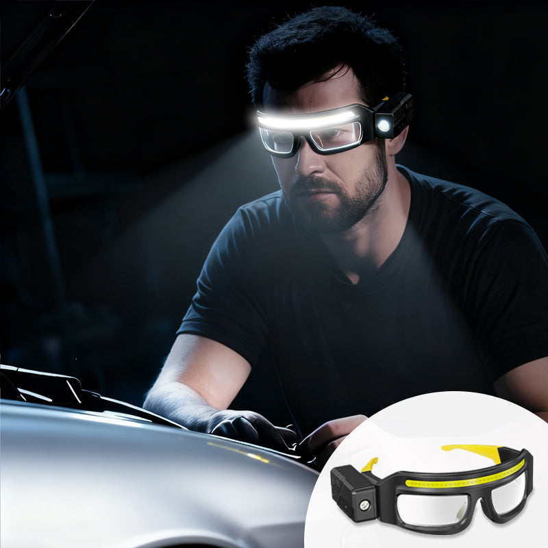 LED work glasses illuminating a work area
