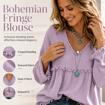 🌸LAST DAY SPECIAL PRICE!!🌸Women's Bohemian Fringe V-Neck Long Sleeve Blouse, Loose Casual Tunic Top
