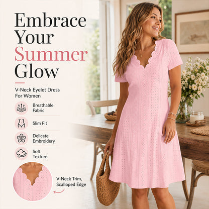 💕LAST DAY SALE ONLY ￡12.99!! 👗Top Pick - V-Neck Eyelet Dress with Scallop Trim – Lightweight & Romantic for Garden Parties or Brunch 🌿
