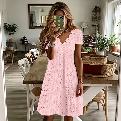 💖LAST DAY SALE ONLY ￡13.99!! 👗Top Pick - V-Neck Eyelet Dress with Scallop Trim – Lightweight & Romantic for Garden Parties or Brunch 🌿