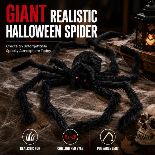 🔥🎃 50% OFF 🕷️ Oversized Halloween Spider – 75cm Furry Decoration with Glowing Red Eyes