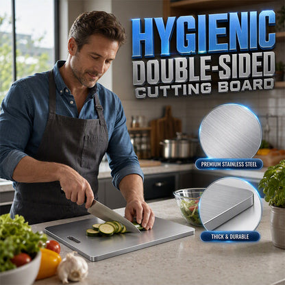 🔥 50% OFF 🍽️ Stainless Steel Double-Sided Cutting Board – One Board for Meat, Veggies & Everyday Prep ✨