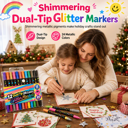 ✨ 50% OFF – 12-Pack Dual-Tip Glitter Markers | 24 Colours with Brush & Highlighting Tips