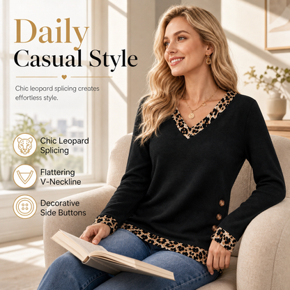 🔥 50% OFF – Women’s V-Neck Leopard Trim Knit Top – Soft Long Sleeve Sweater