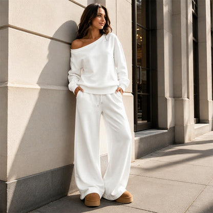 🔥 50% OFF | Women's Off-Shoulder Lounge Set – Wide-Leg Pants & Relaxed Fit