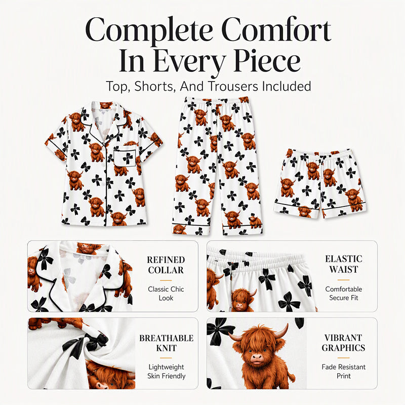 Three piece pajama set including top shorts and trousers