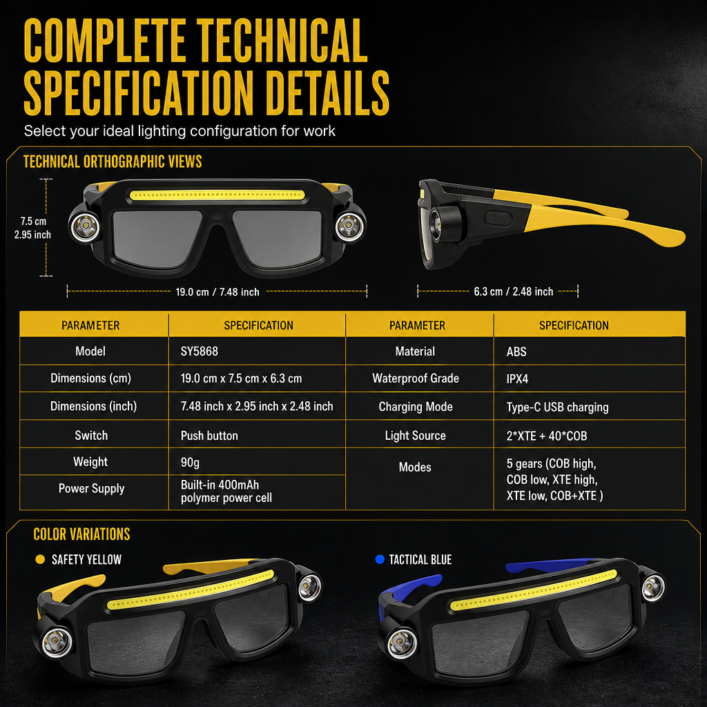 Rechargeable LED work glasses technical specifications