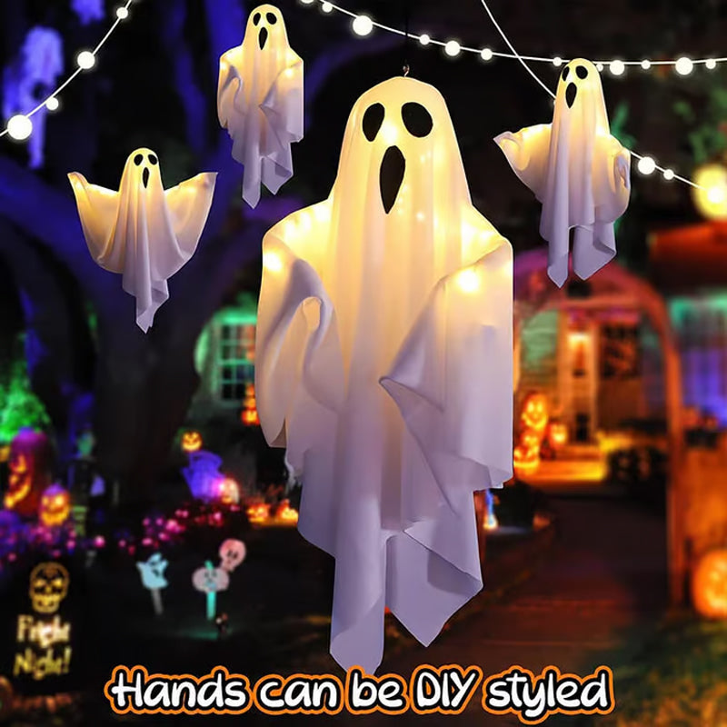 Multiple hanging glowing ghosts for Halloween