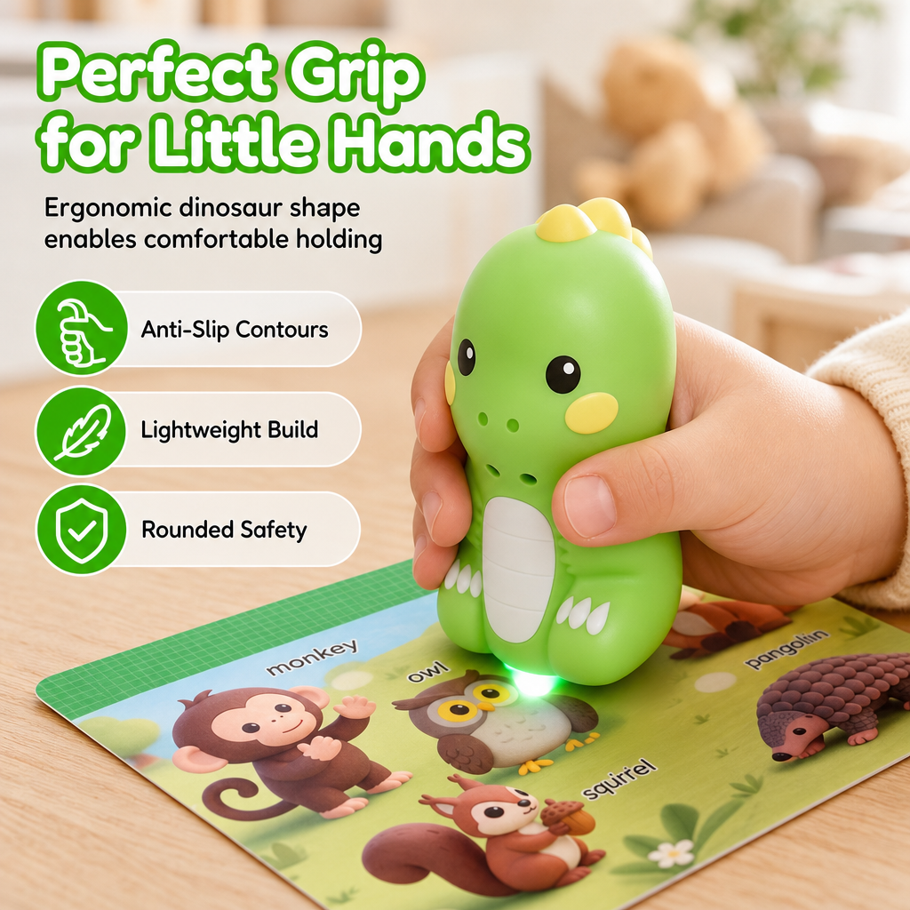 Dinosaur reading pen held in child's hand