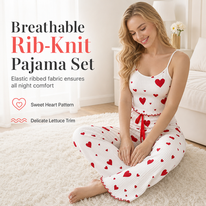 💌 50% OFF – Women’s Heart Print Ribbed Pyjama Set – Cami Top & Relaxed Long Pants