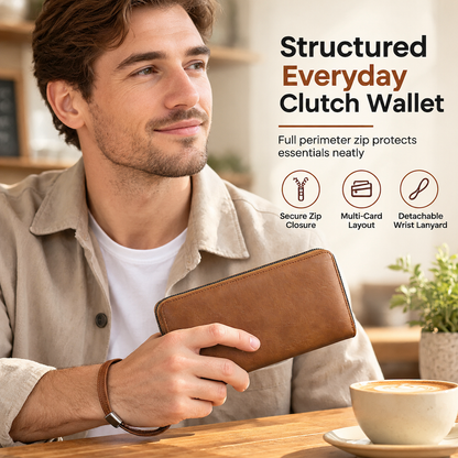 🤎 50% OFF – Men's Long Zip Wallet | Multi-Card Organiser, Flat Note Storage & Detachable Wrist Strap