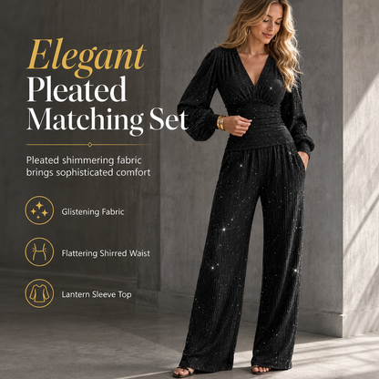 ⏳Last Day Sale Only ￡23.99!!🎁✨ Women's Two Piece Outfit Fall Winter Deep V Neck Lantern Sleeve Pleated Top and Wide Leg Pants with Pockets