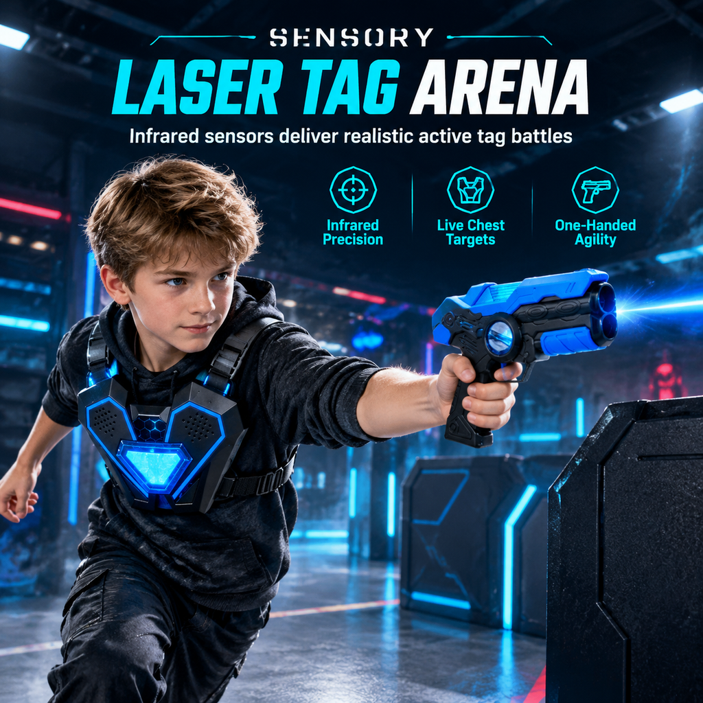 Kids infrared laser tag set with blue blaster and illuminated chest target