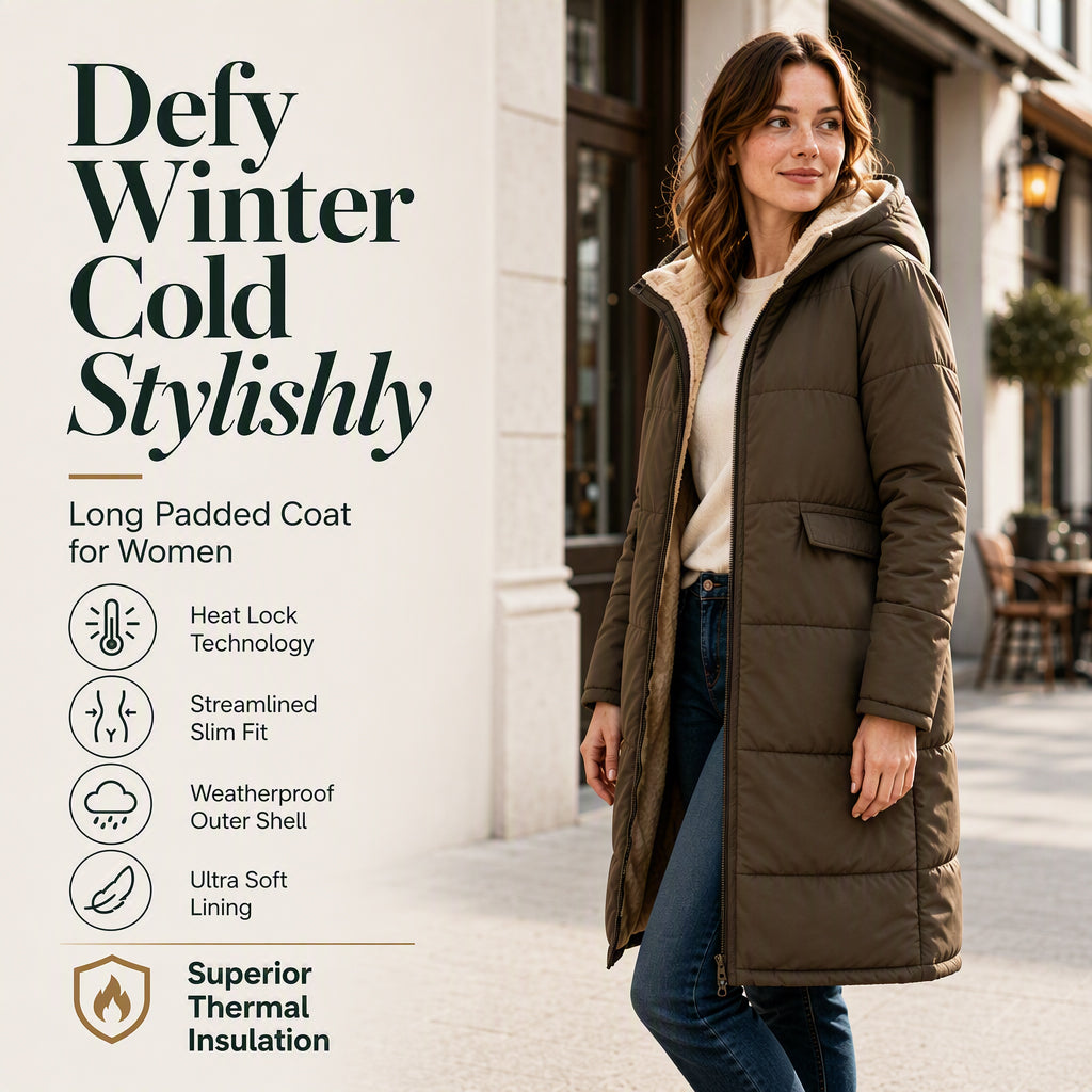 Women's long padded winter coat with hood and cosy lining
