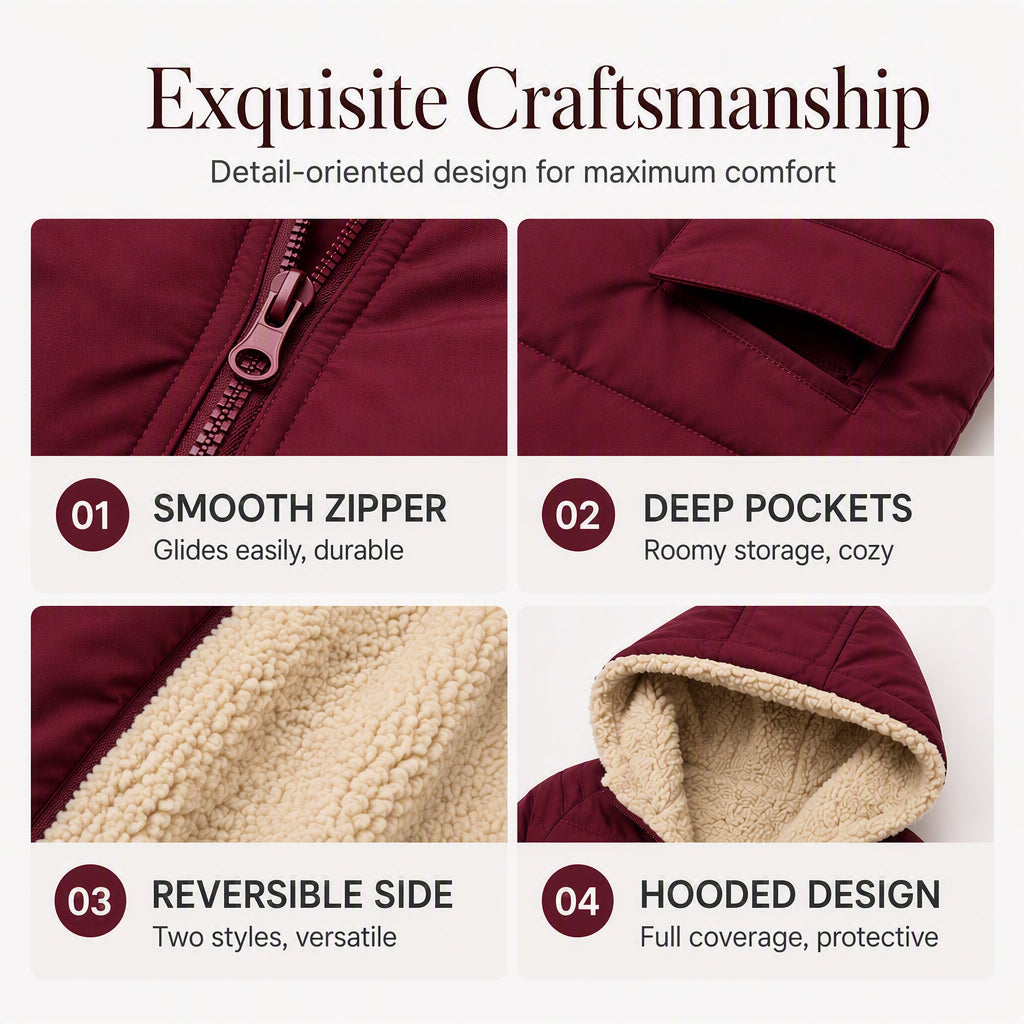 Women's reversible padded coat showing its winter styling and construction