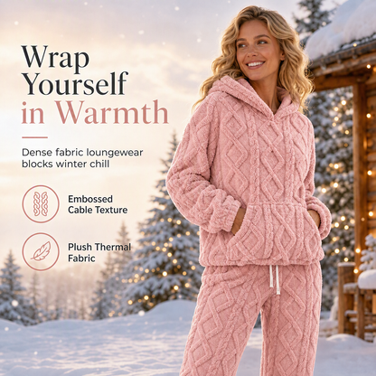 🔥 54% OFF 💗 Women's Ultra-Soft Fuzzy Cable Knit Hoodie & Joggers Set – Cosy Winter 2-Piece Loungewear!
