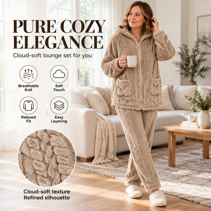 🧸 50% OFF ✨ Women's Plush Cable-Knit Lounge Set – Zip-Up Hooded Jacket & Matching Trousers